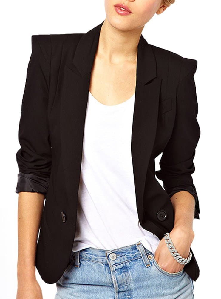 Difyou Women's Shoulder Pads Lapel Short Jacket Blazer Black Small