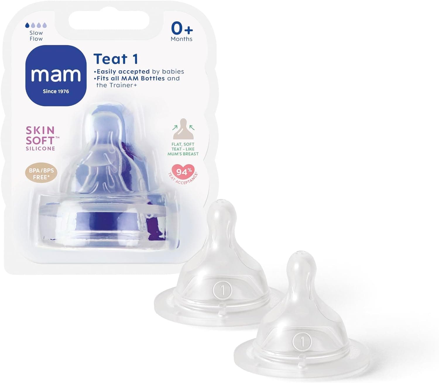 Teats Size 1 | 2 Pack | Slow Flow | Fits All MAM Bottles | Made from SkinSoft Silicone | Baby Accessories for Newborn