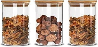Jinelza Borosilicate Spice Jars with Airtight Bamboo Lid Kitchen Food Storage Container Set With Natural Bamboo Lids For Candy, Cookie, Rice, Sugar, Flour, Pasta, Nuts (320ML JARS, 3 PCS)
