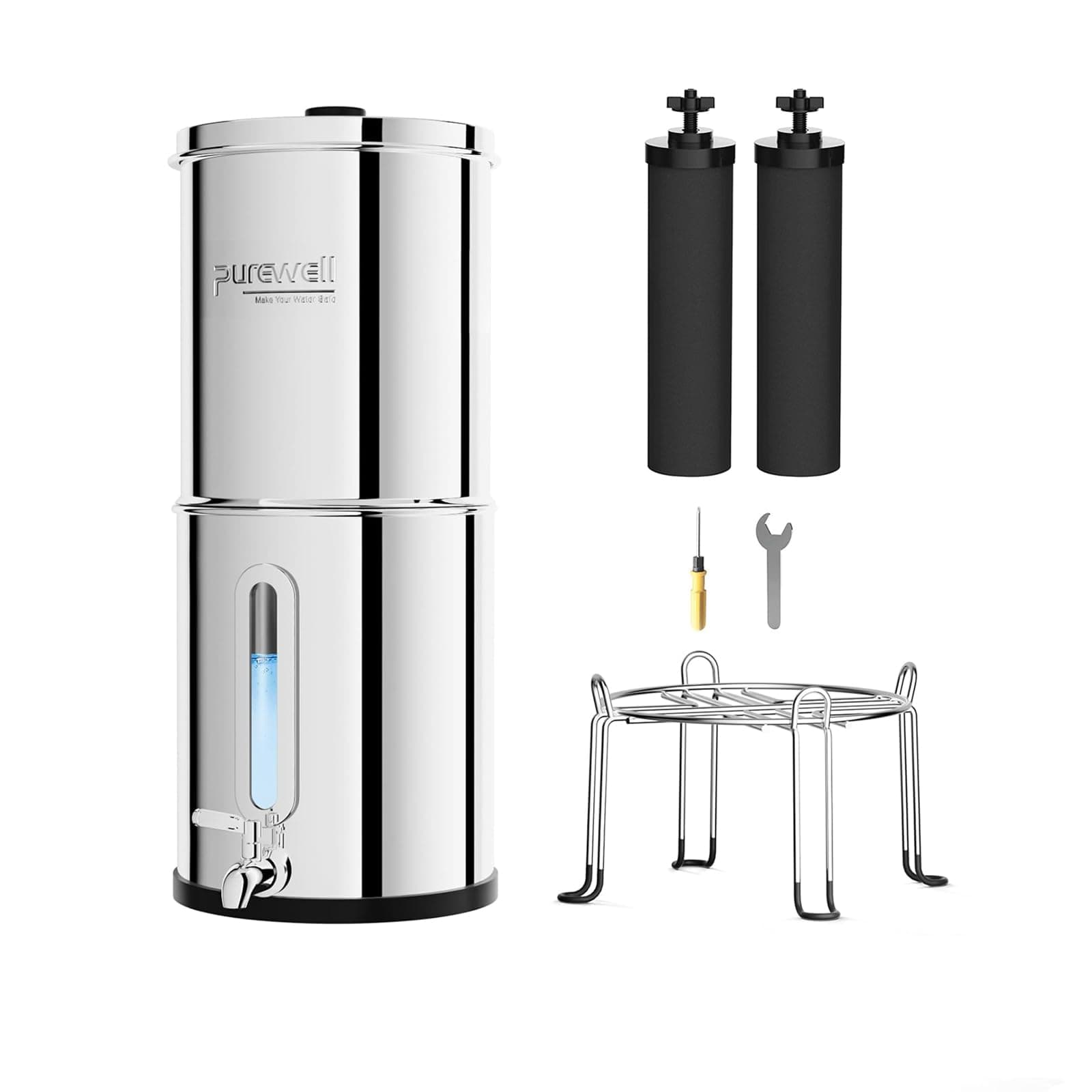 Purewell 5,7L Gravity Water Filter System – Stainless Steel Countertop with 2 Filters, Stand & Water Level Window – Removes 99% Chlorine for Home, Camping & Survival
