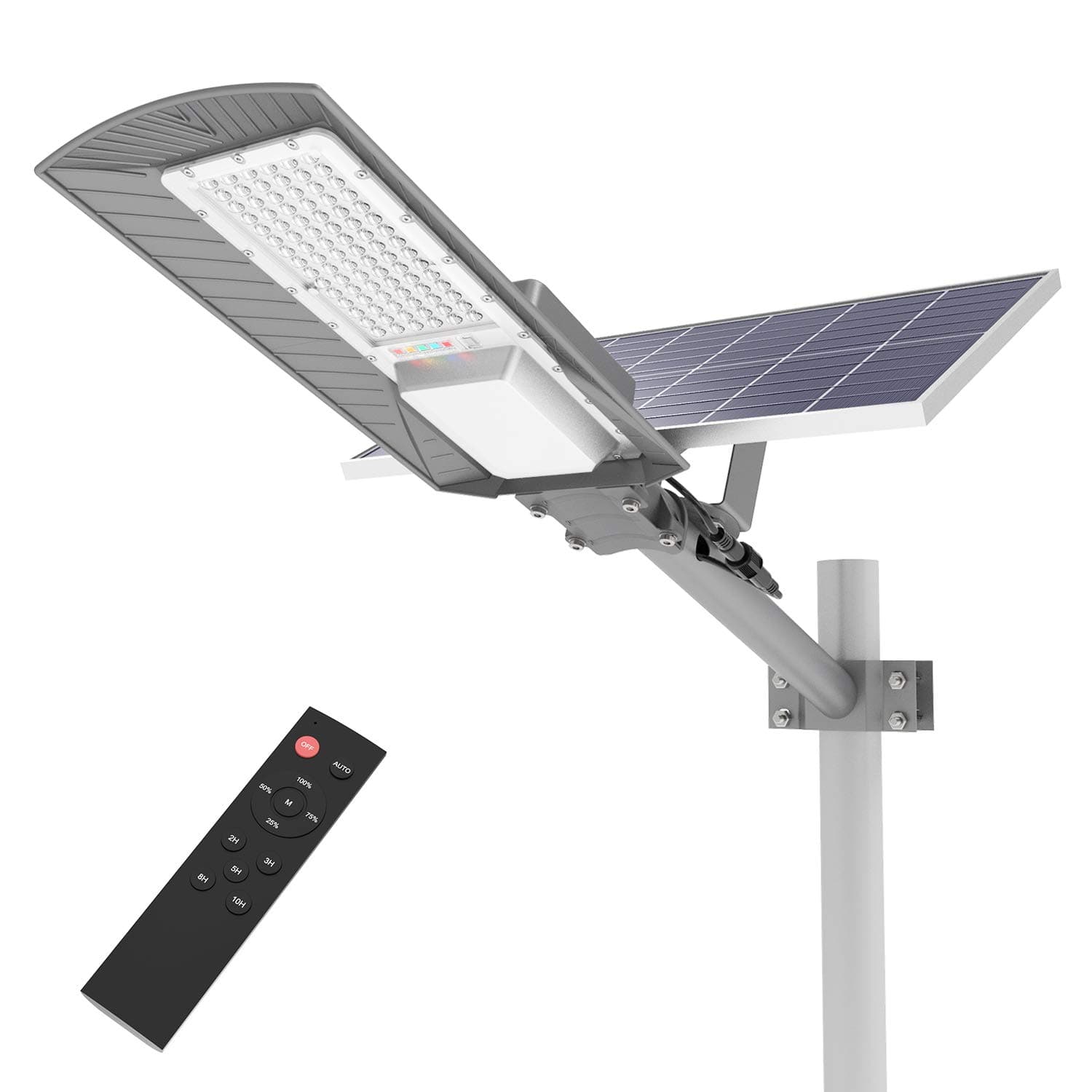 TENKOO 150W LED Solar Street Light with Remote Control, Light Control, IP65 Dusk to Dawn Outdoor Security Flood Lights for Yard, Garden, Street, Basketball Court (with Arm Pole)
