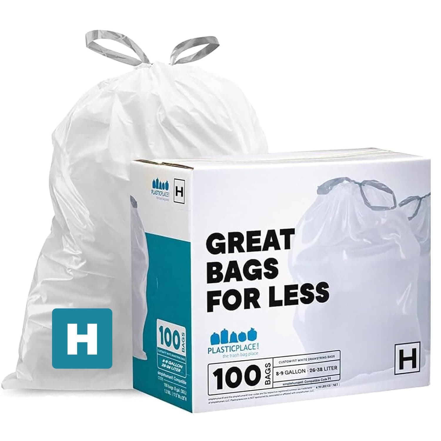 Bin Bags, Compatible with Simplehuman Code H, 8-9 Gallon Rubbish Bin Liners, White Drawstring Rubbish Bags, 100 Count, 18.5"x28", Heavy Duty, Tear-Resistant Kitchen & Bathroom