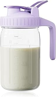 Breast Milk Pitcher, Mason Jar 32 oz, Heavy Duty Wide Mouth Jar with Purple Flip Cap Lid and Pour Spout, Formula Pitcher Airtight Seal for Freshness and Convenience, Great for Cold Beverages