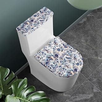 Boho Peacock Feather 2pcs Toilet Lid Cover Sets Blue White Porcelain Flower Toilet Seat Covers with Elastic Edge Bohemia Ethnic Floral Home Machine Washable Bathroom Accessories
