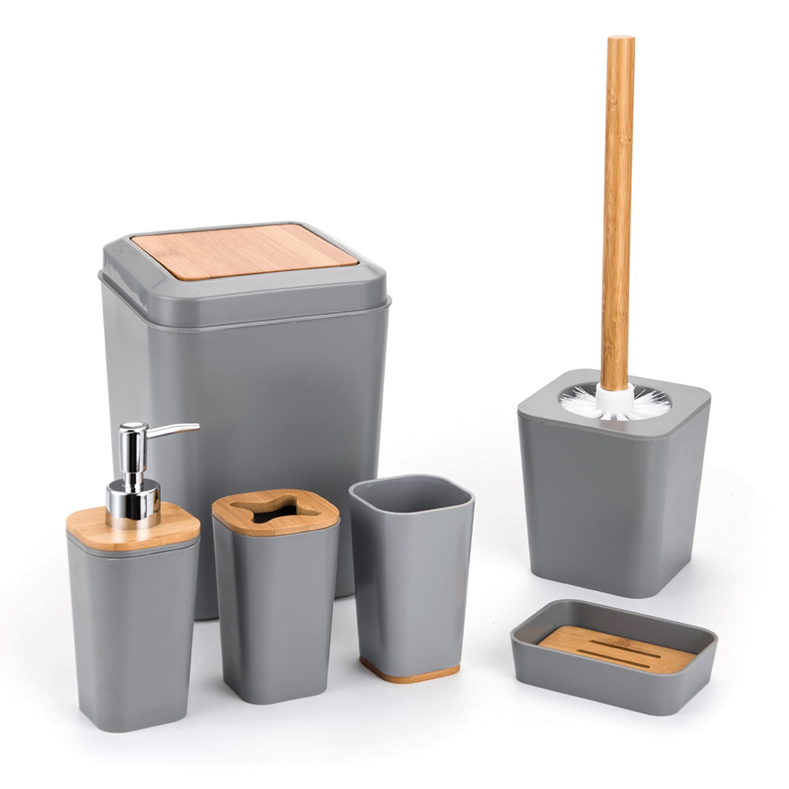 KRALIX Adina 6-Piece Bathroom Accessory Set, Includes Lotion Soap Dispenser, Soap Dish, Tumbler, Toothbrush Holder, Waste Bin and Toilet Brush with Holder, Grey with Bamboo