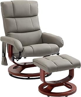Massage Recliner Chair with Ottoman, Swivel Recliner and Footrest, Faux Leather Reclining Chair with Remote Control, 10 Vibration Point and Side Pocket, Gray