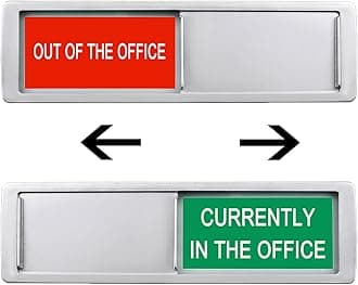 Office Door Sign,Out of the office Currently in The Office for Door Sign,Easy To Read Non-Scratch Magnetic Slider Door Indicator Sign (7'' x 2'' - Silver)