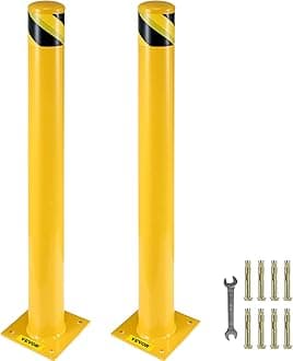 Safety Bollard, 48 Inch Height Bollard Post, 4.5 Inch Diameter Steel Pipe Safety Bollard Post, Yellow Steel Bollard, Steel Safety Bollard with 8 Anchor Bolts, Perfect for Traffic-Sensitive Area