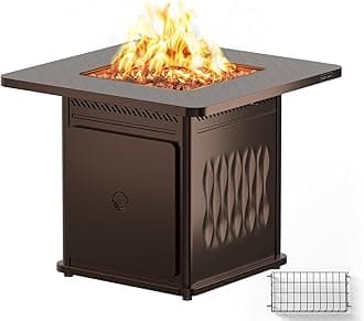 EAST OAK 32'' Propane Fire Pit Table, 50,000 BTU Steel Gas FirePit for Outdoor, Outside Patio Deck and Garden, CSA Certified Fire Table with Magnetic Lid, Cover-Storage Basket and Lava Rock, Brown