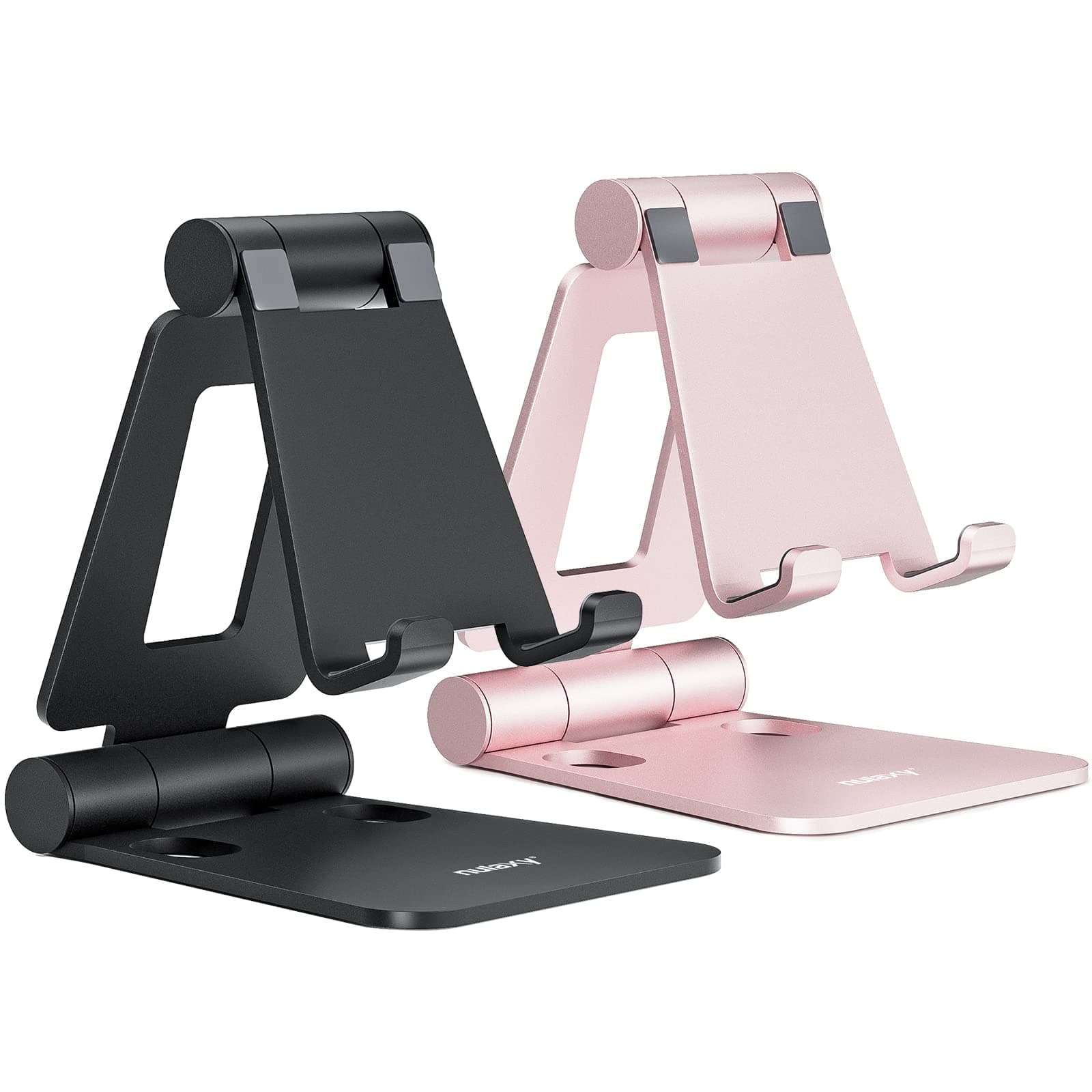 Nulaxy 2 Pack Dual Folding Cell Phone Stand, Fully Adjustable Foldable Desktop Phone Holder Cradle Dock Compatible with iPhone 17 16 15 14 13 12 Pro Max Xs Xr, All Phones, Black & Rose Gold
