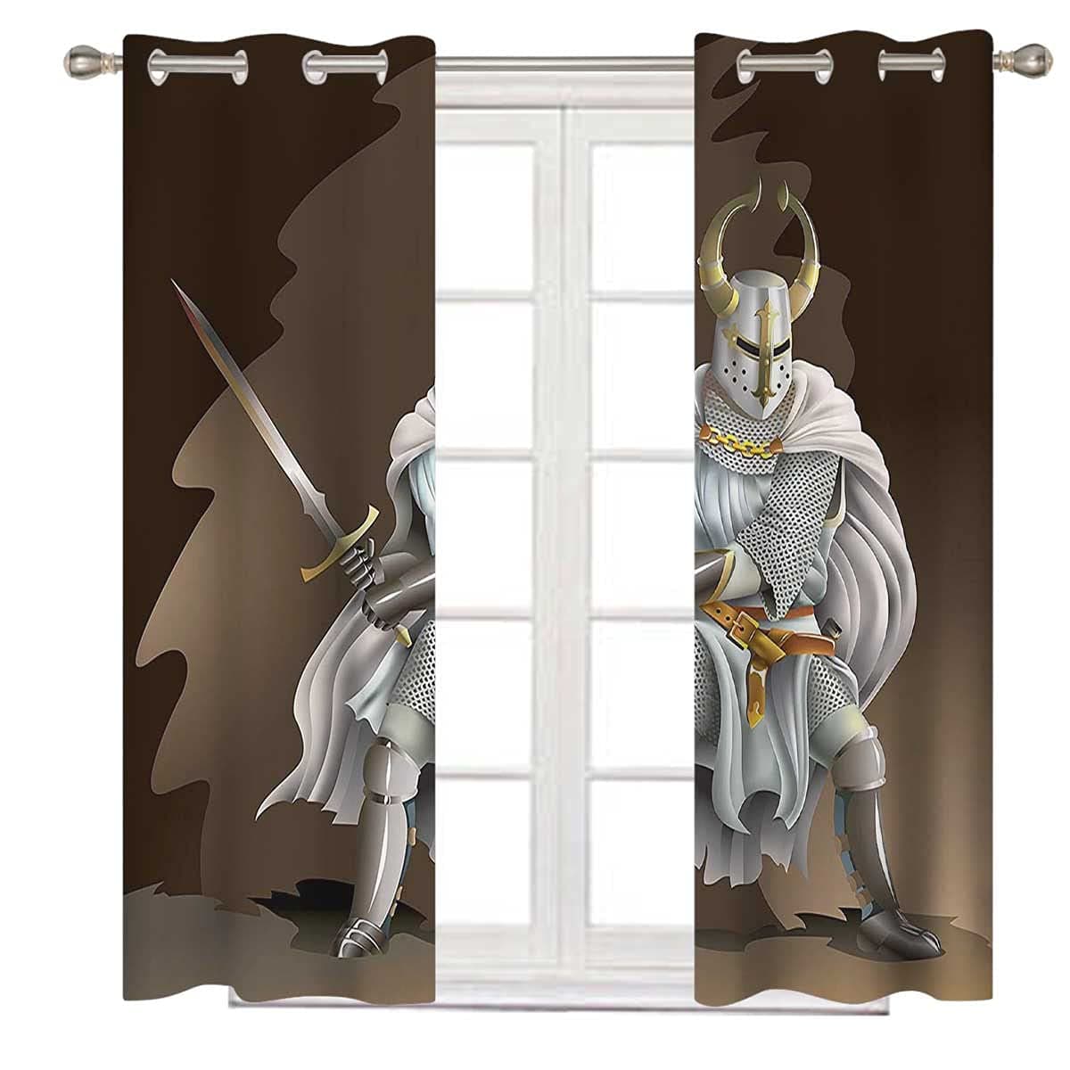 Medieval Decor Collection Grommet Top Window Curtain Panel White Brown Grommet Curtain Drapery Sets for Bedroom & Living Room ( W27.5 x H63 Inch , 2 Panels )