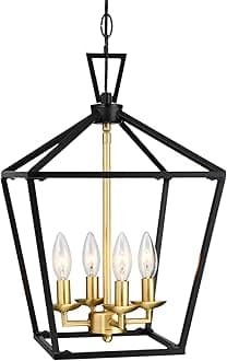 Untrammelife 4-Light Lantern Pendant Light Black and Gold Brushed Brass Kitchen Pendant Light Modern Geometric Chandelier Adjustable Chain Cage Hanging Pendant Light Fixture for Foyer Dining Room