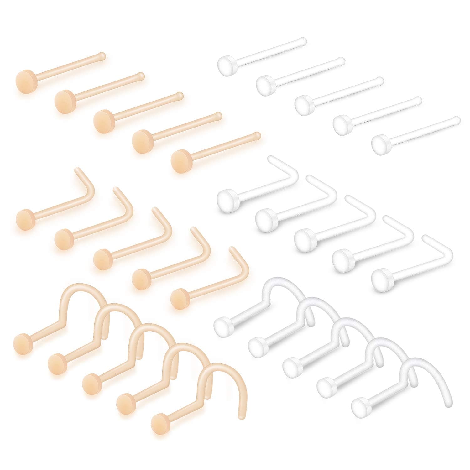 QWALITQWALIT Clear Nose Rings Studs L Shape Piercing Retainer Flexible Nose Bone Flesh Skin Color Nostril Piercing Retainer for Work 18g 20g Flat Top