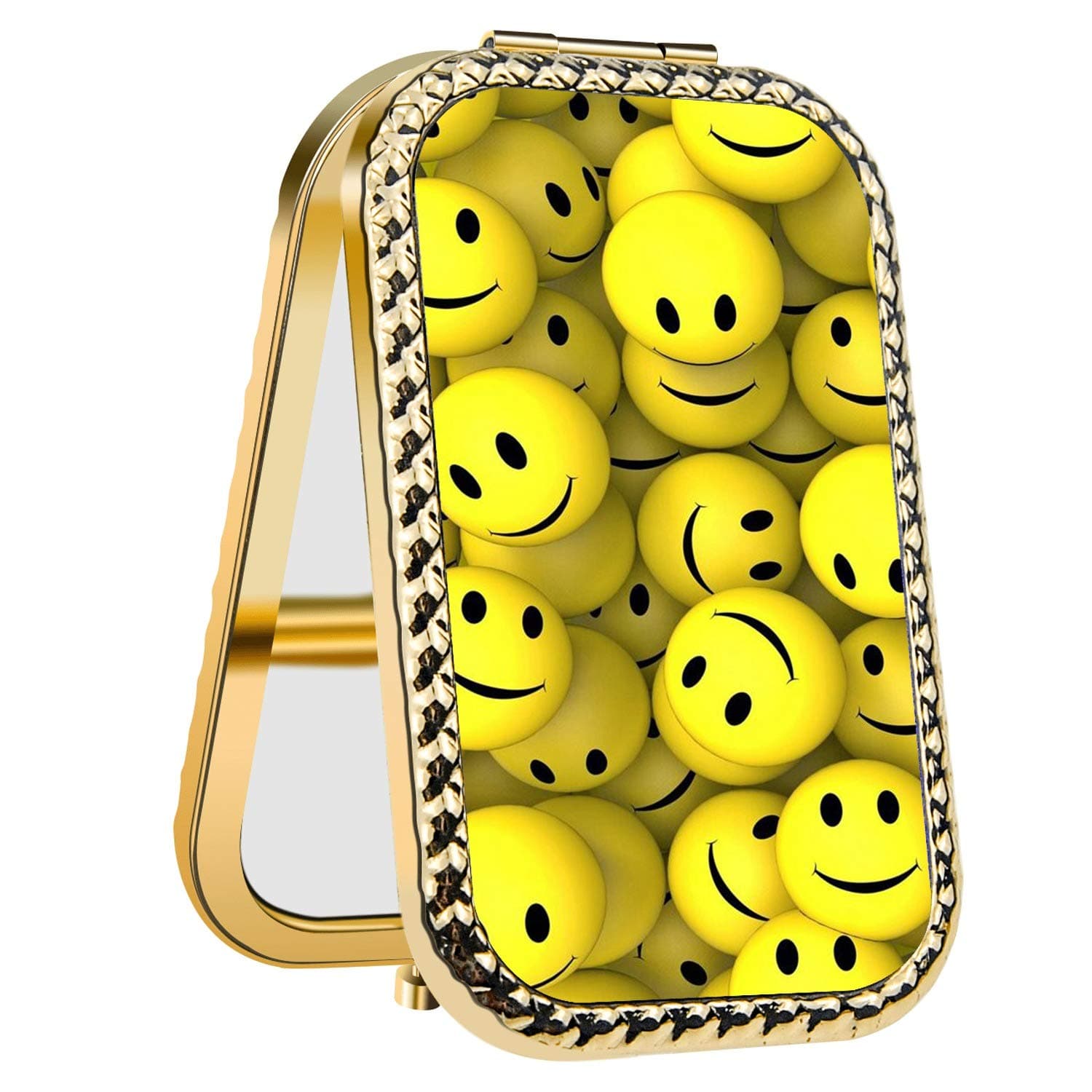 Specialized Design Rectangle Golden Happy Face Emoji Portable makeup mirror, Travel Compact Portable Pocket Folding Makeup Vanity Cosmetic Mirror for Women