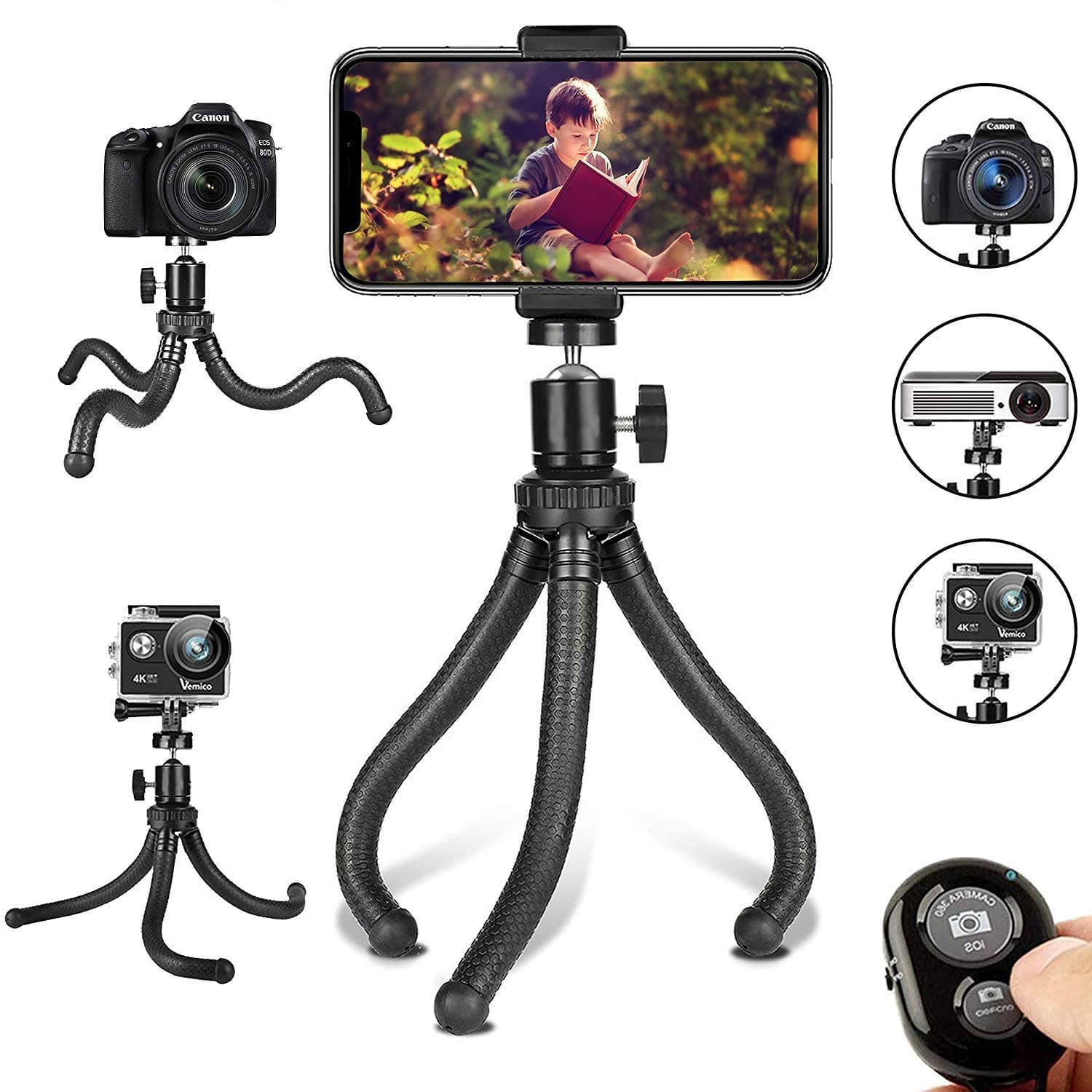 Flexible Cell Phone Tripod with Wireless Remote and Universal Clip