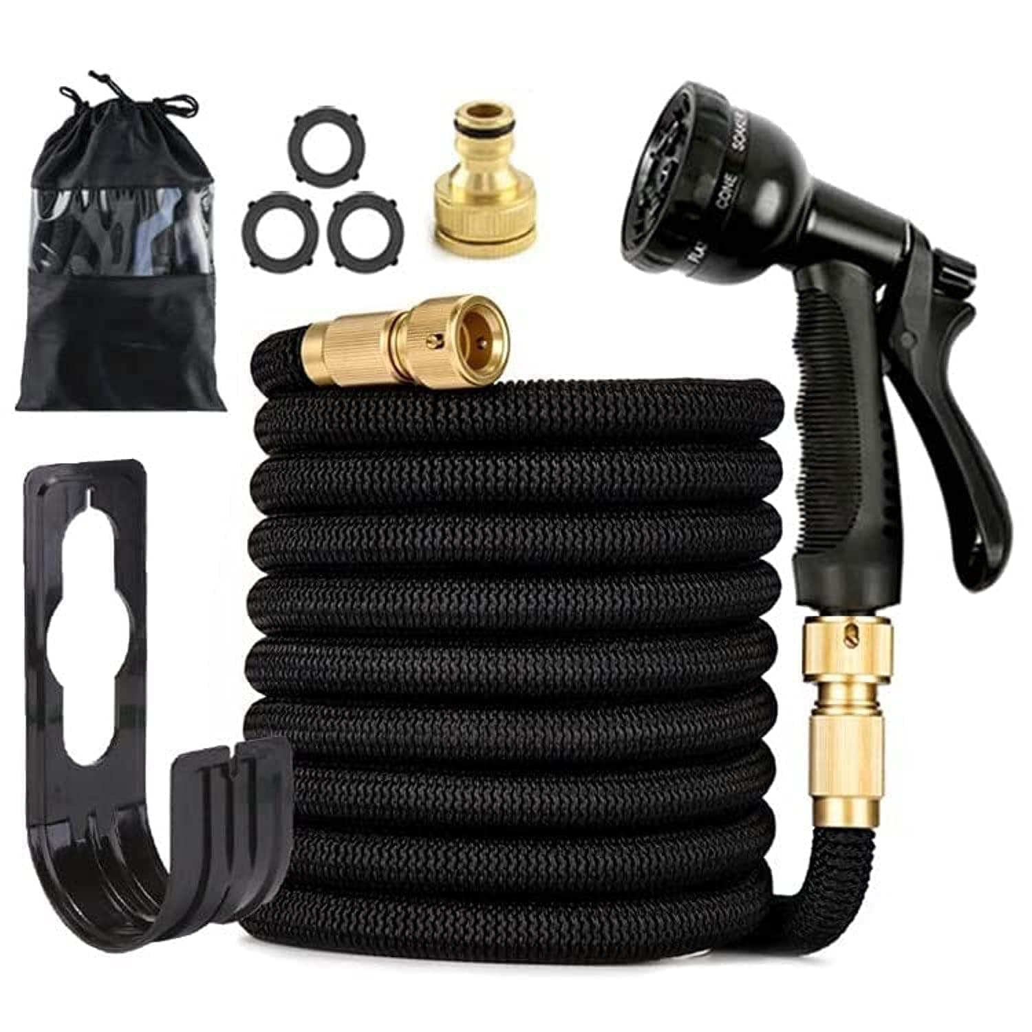 TDOO Garden Hose，Three Times Shrink with 8 Nozzle Patterns，Extra Strength Fabric Double Latex Core Hose，for Garden House Cleaning Pet Bathing Car Washing