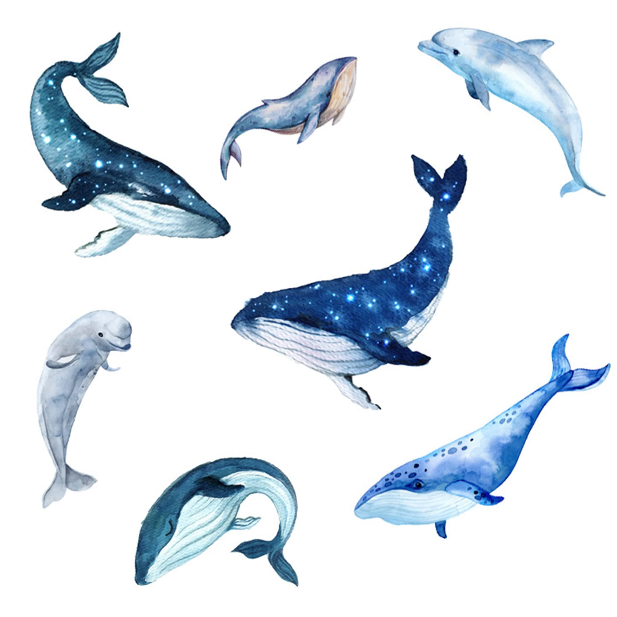 Giant 5 Sets Blue Whale Wall Decals and 2 Sets Jumping Blue Dolphin Wall Stickers Peel and Stick Wallpaper Wall Art Mural Decor for Kids Teens Bedroom Home Office Dorm Party Nursery