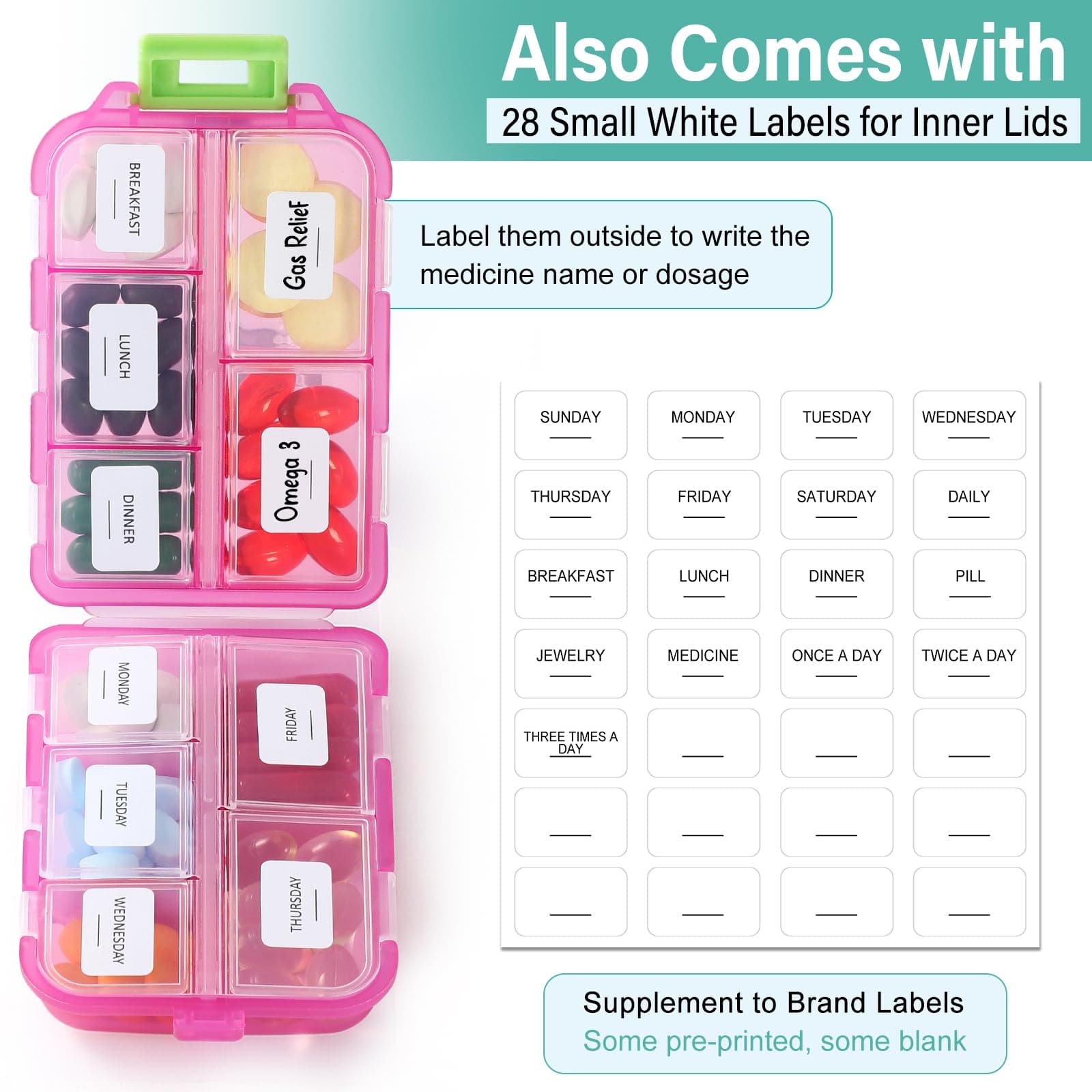 1 Pack Travel Pill Organizer w Labels & 1 Drawstring Pouch, Small 10 Compartments Pocket Pharmacy, Handy Pill Holder Box - Portable Medicine Container Case - Daily Weekly Medication Organizer - Pink