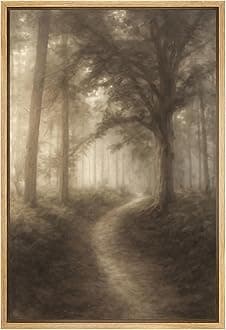 SIGNFORD Framed Canvas Print Wall Art Misty Forest Trail Dreamy Woodland Pathway in Soft Neutral Sepia Illustrations Modern Art Decorative for Living Room, Bedroom, Office - 16"x24" Natural