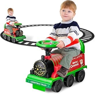 Costzon Ride on Toys, 6V Electric Ride on Train with Tracks, Storage Seat, Flashing Lights & Music, Backrest, Anti-tilt Device, Gift for Toddler Boys & Girls, Battery Powered Ride on Car (Green)