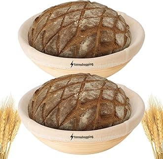 Banneton Bread Proofing Basket - Banneton Basket Set of 2 Pack 10 inch Round Sourdough Proofing Basket with Liner - Handmade Rattan Proofing Rising Bowl for Artisan Bread Making Baking Supplies