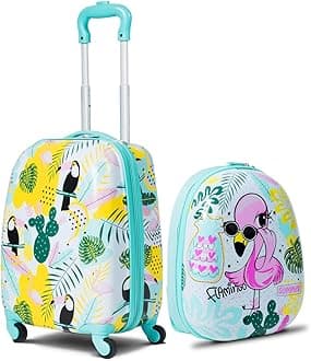 HONEY JOY 2 Pcs Kids Carry On Luggage, Flamingo, S, Traveling
