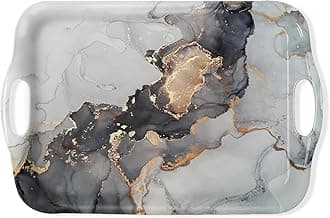Serving Tray Decorative Tray with Handles Multi-Purpose Rectangular Serving Trays for Restaurant, Parties, Coffee Table, Kitchen - Grey Gold Marble Pattern