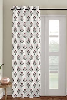 Trance Home Linen Floral Printed 100% Cotton Door and Window Curtain | 7 Feet Curtains for Living Room Bedroom Office | Semi Room Darkening Parda | (7Ft Door Curtains, Aangan Red) - Set 1
