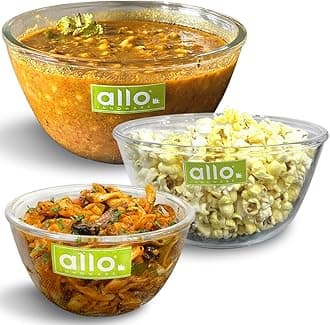 Allo Food Safe Borosilicate Glass Mixing & Serving Bowls for Kitchen, Oven & Microwave Safe Bowls, Dishwasher and Freezer Safe Bowls, Set of 3 500ML, 1000ML, 1600ML, Transparent