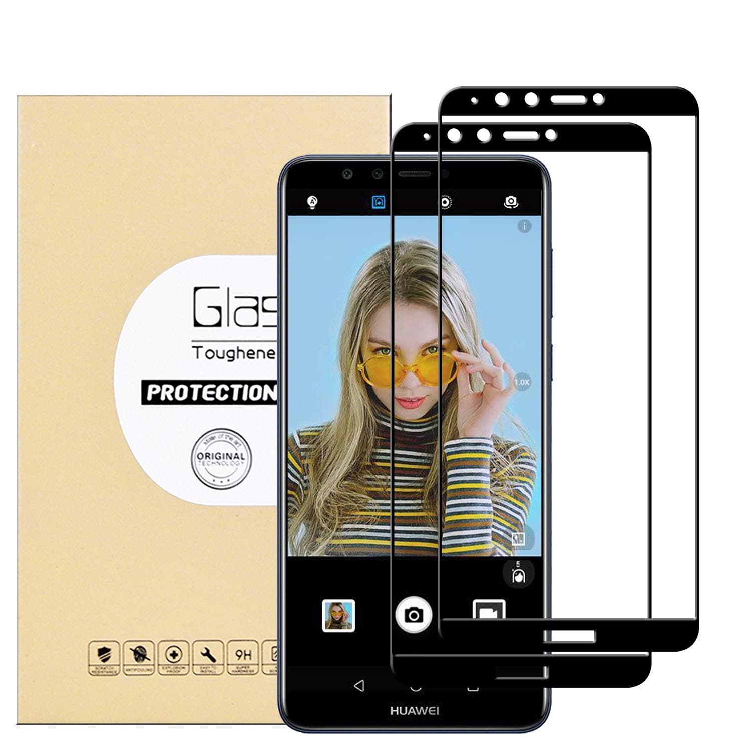 KTTWO Huawei Y9 2018 Screen Protector Glass, (2PACK) Full Screen Coverage Anti-Scratch Bubble-Free Tempered Glass Screen Protector with Full Glue for Huawei Y9 2018 5.93" Screen, Black