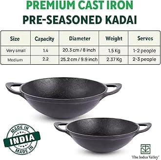 The Indus Valley Pre-Seasoned Cast Iron Kadai With Free Wooden Flip | Medium, 25.2Cm/10Inch | Gas Compatible | Naturally Nonstick, 100% Pure & Toxin-Free, 1 Count, Black
