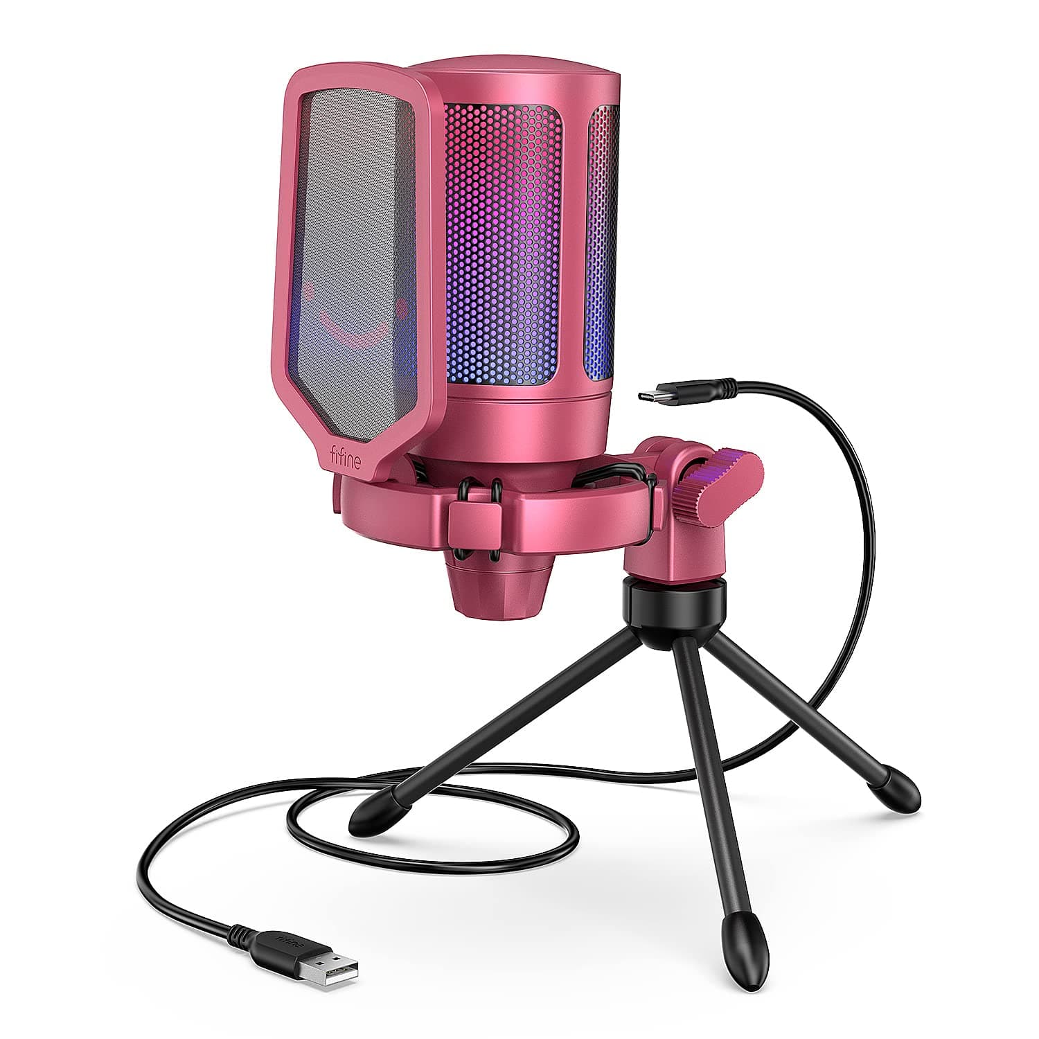 AmpliGame PC Gaming Streaming USB Microphone, RGB Desktop Microphone for Computer/Mac/PS4/PS5, Podcast, Recording, TikTok, Game Chat, Condenser Mic with Pop Filter, Shock Mount - Red