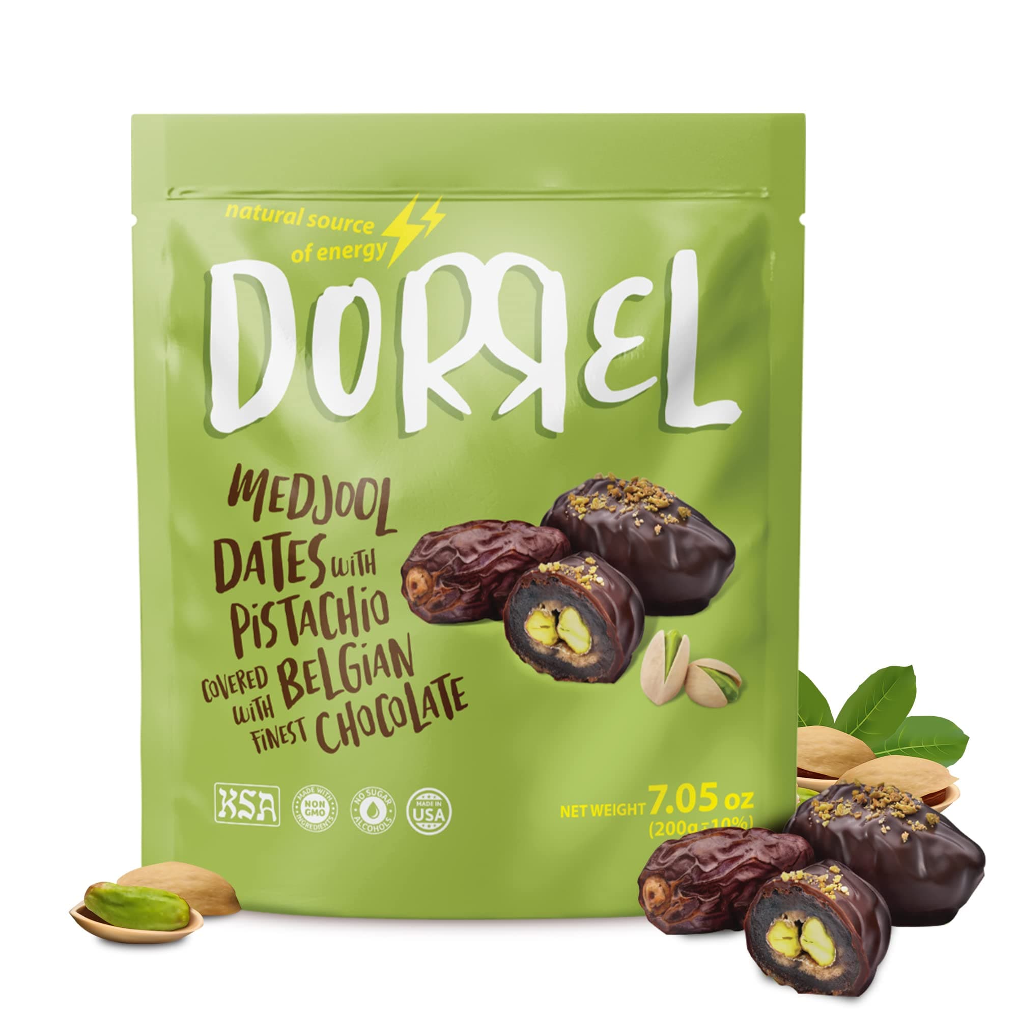 Dorrel Belgian Dark Chocolate Covered Medjool Dates Stuffed with Pistachios
