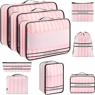 Ougrand 9 Set Packing Cubes Luggage Packing Organizers for Travel Accessories Space Saving Travel Bags for Carry On, Lightweight Mesh Zipper, Clothes, Shoes and Laundry Bag, Suitcases (Pink Streak)