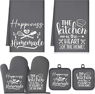 Sratte 6 Pcs Kitchen Decor Accessories Set Farmhouse Towels Pot Holders Oven Mitts Set 2 Dish Towels 2 Potholders 2 Cooking Mittens Oven Glove for Christmas Baking Cooking Supply(Dark Gray,Kitchen)