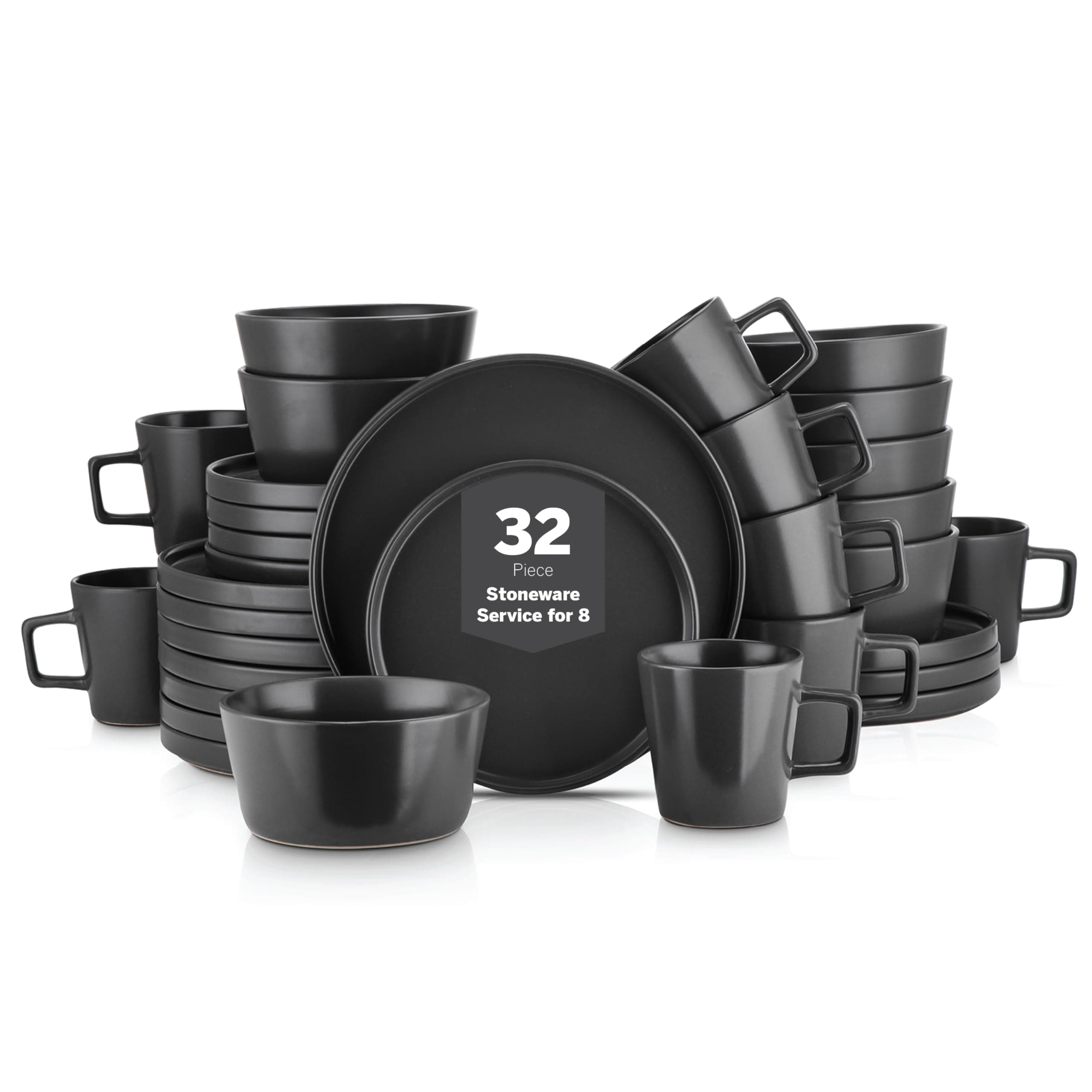 Stone Lain Celina Stoneware 32 Piece Modern Dinnerware Set, Plates and Bowls, Black Matte, Service for 8, Microwave & Dishwasher Safe