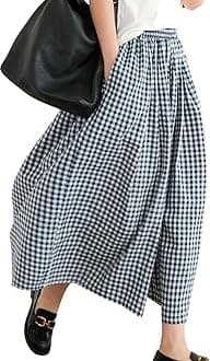 chouyatou Women's Cotton Linen Pants Elastic Waist Plaid Gingham Wide Leg Capri Palazzo Pants