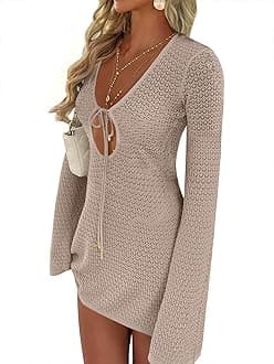 ANRABESS Swimsuit Cover Up for Women Crochet Bathing Suit 2026 Summer Swimwear V Neck Mesh Knit Dress Beach Vacation Clothes