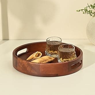 BRICK BROWN ® Premium Handcrafted Classic Round Tray for Breakfast Serving Trays Dining Table Home Decoration Wooden Tray Unique Design Handmade Multipurpose Serving Tray in Mango Wood(12x12 Inch)
