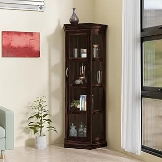 - Sheesham Wood Corner Book Shelf With Acrylic Glass Door | Wooden Sideboard Crockery Cabinet With 4 Shelf Storage | KItchen Display Unit | Bookshelf for Home Library|Bookcases, Walnut
