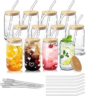 12pcs Glass Cups with Lids and Straws – 16oz Heart Pattern Drinking Glass Set – Reusable Iced Coffee Cups with Bamboo Lids, Glass Straws & Brushes – Party Drinkware for Girls, Roommates, Family