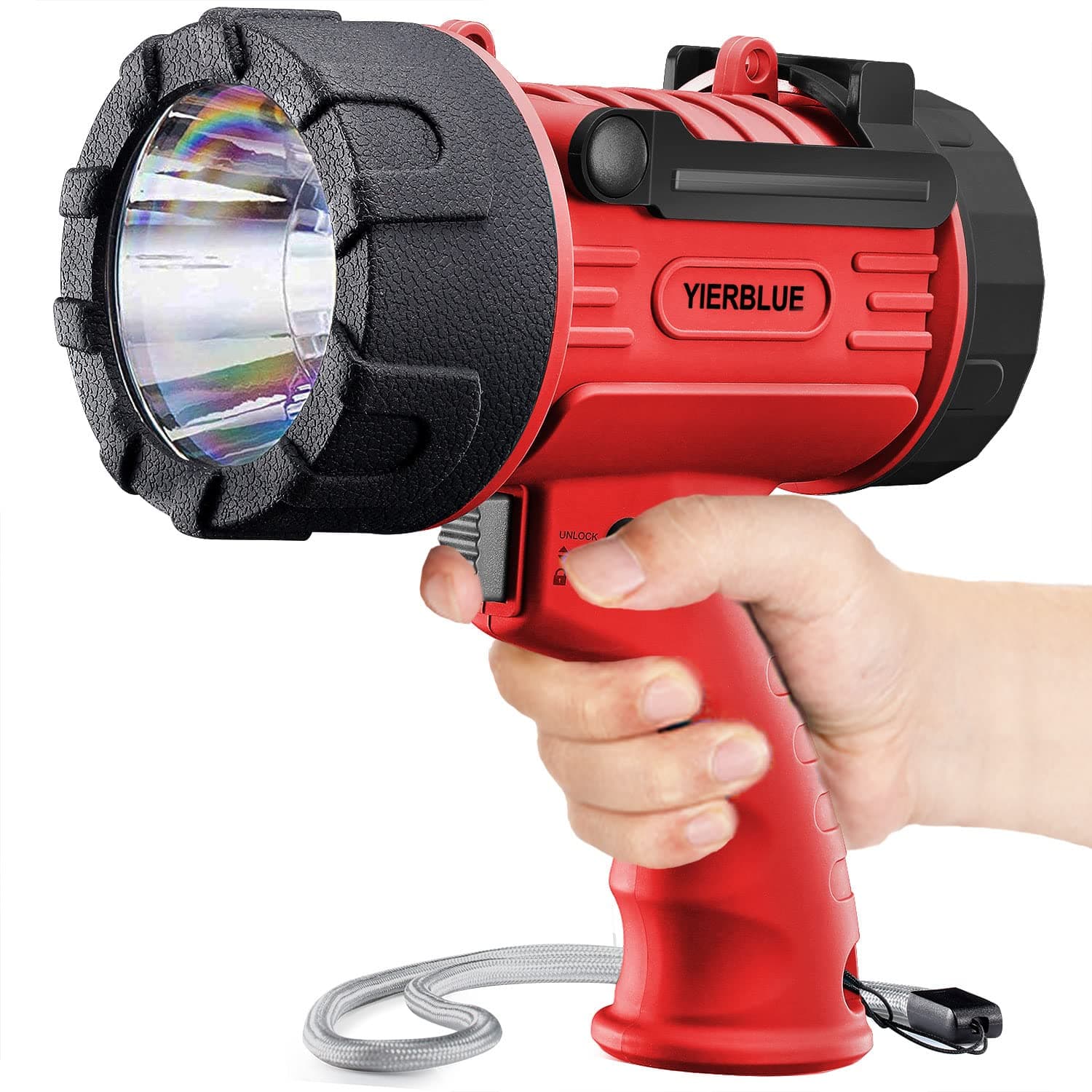 Rechargeable Spotlight Flashlight with 1000,000 High Lumen LED, IP67 Waterproof Long Running Spot Light searchlight, Impact Resistant Handheld Spotlight with Foldable Stand and Red Lens