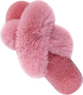 Parlovable Women's Fuzzy Slippers Comfy Cross Band House Shoes Memory Foam Open Toe Indoor Gifts for Ladies