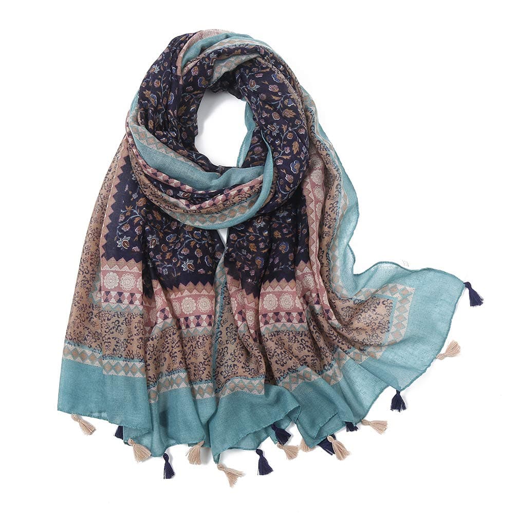 Boho Scarf for Women Lightweight Floral Printed Scarf Fall Winter Fashion Fringed Shawl