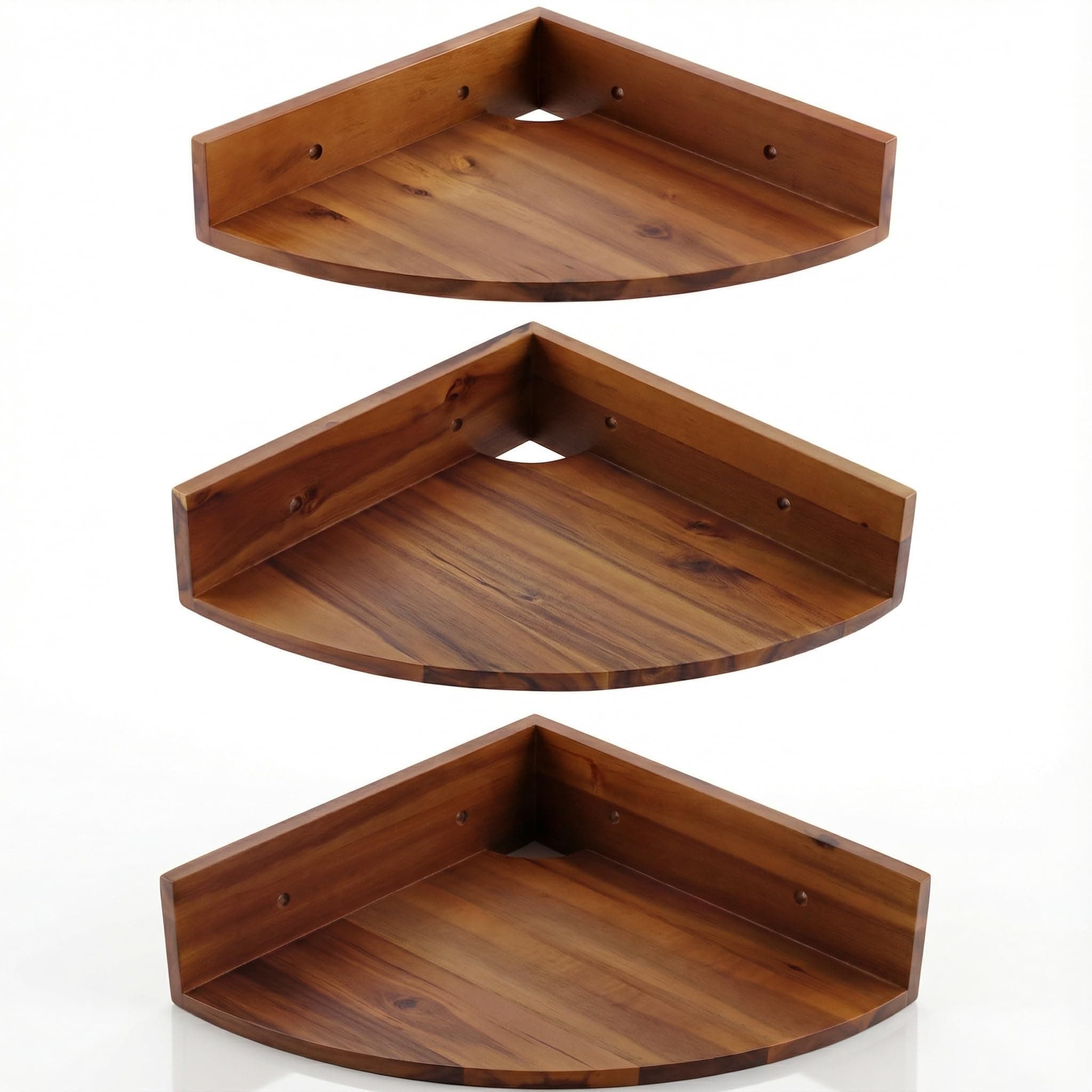 Demigo Corner Shelf Wall Mount Set of 3, Solid Acacia Wood Round Floating Corner Shelves for Storage and Display, Hanging Wood Shelves for Bedroom, Kitchen, Living Room, Bathroom (Brown)