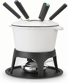 ArtestiaCast Iron Fondue Pot Set for Meat, Chocolate & Cheese, Cast Iron Chocolate Fondue Pot Set with 6 Fondue Forks, Cheese Fondue Set Serve 6 Persons(White)
