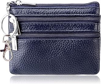 Genuine Leather Small Coin Purse Pouch Mini Wallet with Zipper Keychain for Men(3.54 x 4.33 inch, Navy Blue)