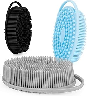 Soft Silicone Body Scrubber 3 PCS Silicone Body Shower, Silicone Loofah 2 in 4 Bath and Shampoo Brush, Body Scrubber Shower Cleaning Exfoliating Use,Lather Well, Black,Blue,Grey