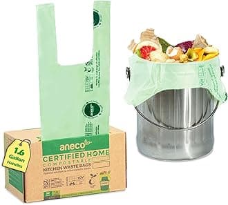 ANECO 100% Compostable Trash Bags 1.6 Gallon With Handles (30 Count), Small Compost Bags for Countertop Bin, OK Compost HOME & BPI Certified Compostable Kitchen Food Waste Bags
