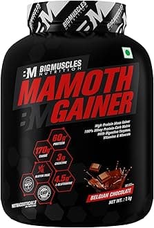 Bigmuscles Nutrition Mamoth Gainer [Belgian Chocolate, 2Kg] | High Protein Muscle Mass & Weight Gainer | With Vitamins & Minerals, Creatine & Digestive Enzymes - Powder, 1 count, 40 servings